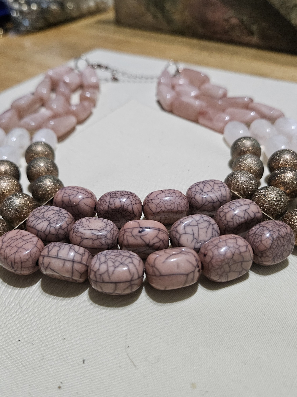 Multi-strand Chunky Statement Pink Cracked-Texture Beads Necklace